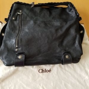 Chloe Black Leather Tote with Silver-toned Accents